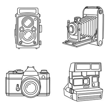 Vintage Camera Collection Vector Set, Retro Film Photography Equipment Icons Including Twin Lens Reflex and Instant Cameras Isolated