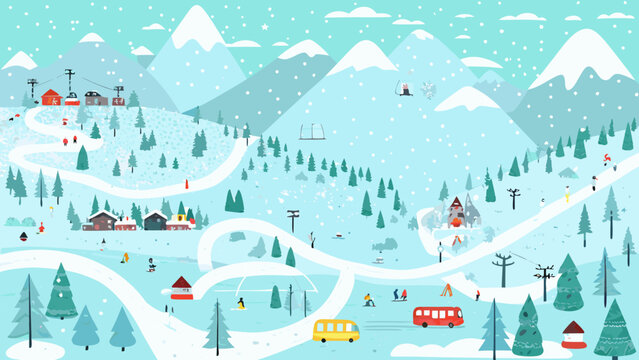 winter ski resort illustration colorful mountain landscape with skiers