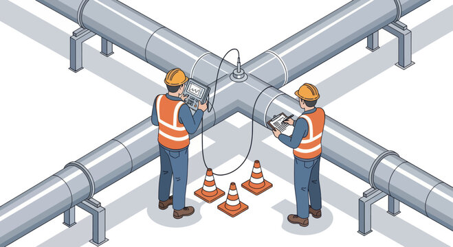 Workers inspecting industrial pipelines for maintenance and repair.