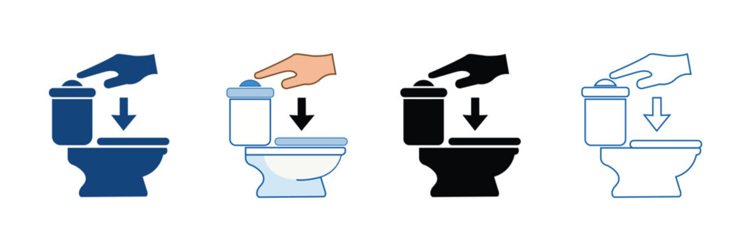 Toilet Flush Button Icons &ndash; Finger Press with Down Arrow, Bathroom Hygiene Vector Set