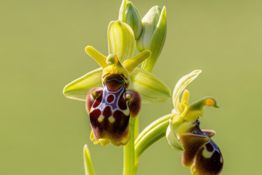 Close-Up Macro of Wild Bee Orchid Ophrys Flower Blooming on Green Background in Nature
