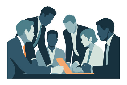 Set of four professional business vector illustrations featuring growth charts financial success and team meeting collaboration