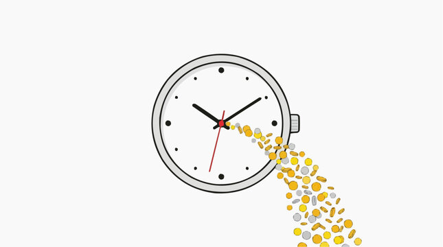 A conceptual illustration showing time as currency, a clock face pouring out gold and silver coins, symbolizing the preciousness of each moment.