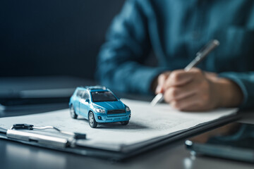Fototapeta premium Customer signing vehicle purchase contract with toy car on document, symbolizing car lease, auto loan, insurance agreement, dealership sale, ownership transfer and automotive finance planning.
