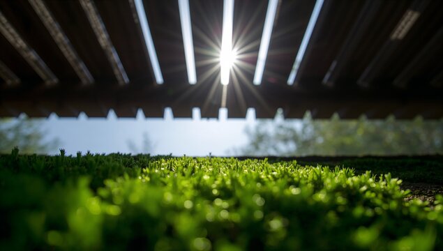 Green grass viewed from under a wooden slatted structure