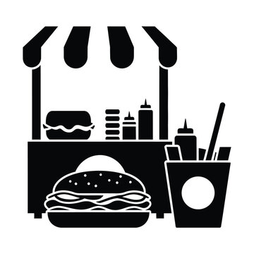 Street Food Cart, Fast Food Stand, Burger and Fries Kiosk, Monochrome Silhouette Vector Illustration