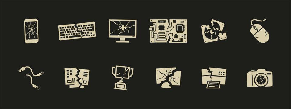 Set of broken technology icons featuring cracked smartphone keyboard monitor and damaged electronic hardware