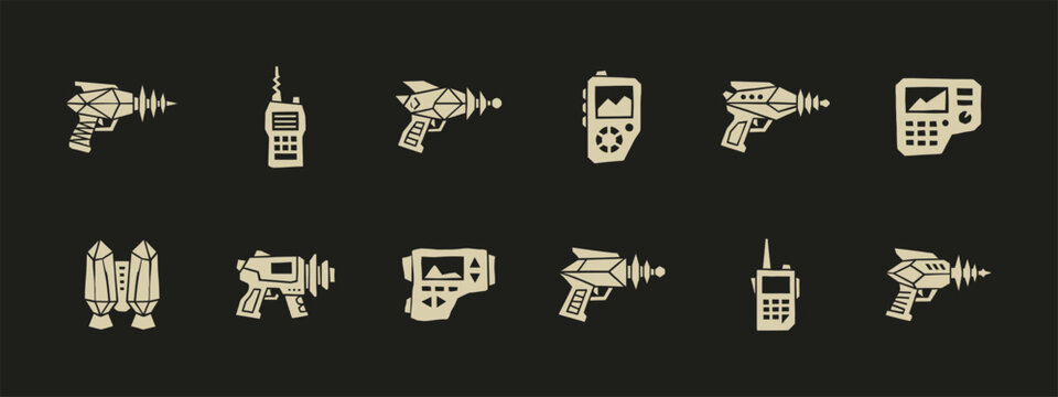 Retro Sci-Fi Vector Icons Set Featuring Ray Guns Blasters Walkie Talkies and Gadgets