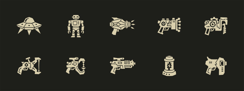 Futuristic Sci-Fi Icon Set with Laser Guns Robot UFO and Energy Cell Vector