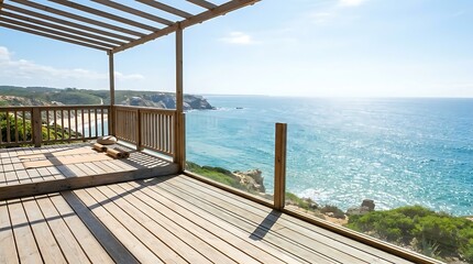 Obraz premium Wooden deck overlooking a serene turquoise ocean with rocky coastline and clear blue sky on a sunny day vacation retreat
