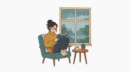 Fototapeta premium A tranquil scene unfolds as a person immerses themselves in a book, nestled comfortably in a cozy chair by a window, with the peaceful sound of raindrops outside.