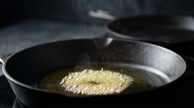 A bottle of olive oil pours into a hot cast iron skillet, creating steam. The scene captures the essence of cooking and culinary preparation.