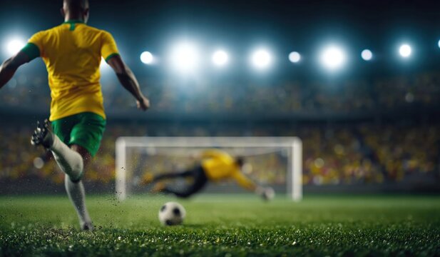 Action shot of soccer player in yellow jersey taking shot at goal while goalkeeper dives to save it during night match at crowded stadium. High quality photo