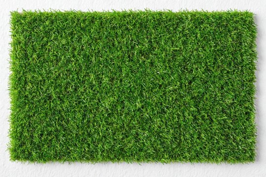 Top view of rectangular patch of vibrant artificial green grass turf isolated on plain white background. High quality photo