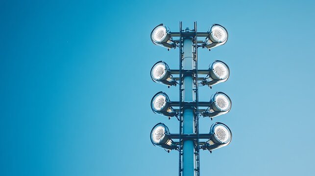 Stadium floodlight tower with bright led lamps against a clear blue sky