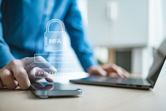User verifying MFA login on smartphone with secure password screen and digital lock icon, representing two-factor authentication, OTP security, encrypted access, identity protection and cyber defense.