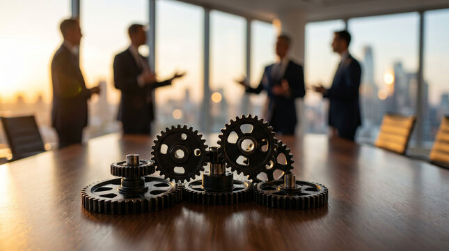 Close-up editorial photo of industrial gears on a conference table with blurred business professionals in the background, symbolizing teamwork, corporate strategy, and business collaboration in a mode