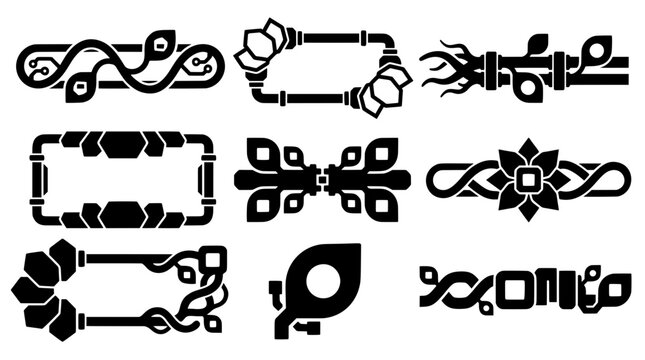 Black silhouette vector set of futuristic scifi UI pipe frames, text banners and dividers. Blending cybernetic technology with organic lotus flora