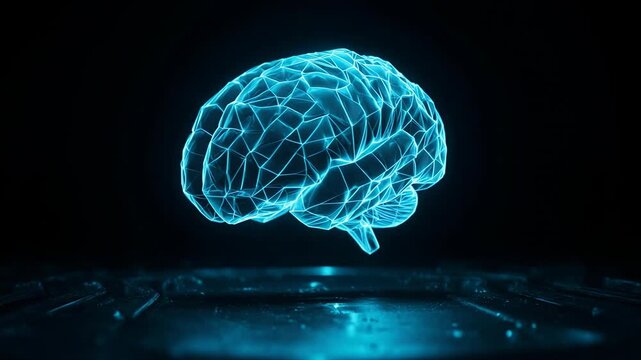 Rotating Cyan Holographic Polygon Brain Projection. Loop Video.