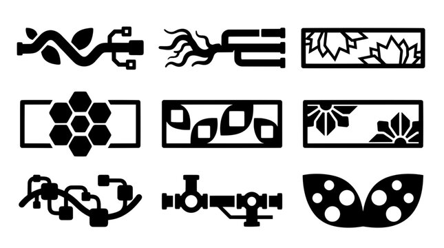 Black silhouette vector set of futuristic dividers, pipes and UI box frames. Blending cybernetic technology with organic roots, leaves and hexagons