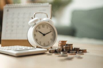 Alarm clock, coins, calculator and calendar represent bill reminder, recurring payment schedule, budgeting, due dates, and smart personal finance management to avoid late fees. © Garun Studios