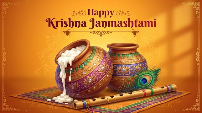 Festive Indian Janmashtami composition featuring two ornate earthen pots (matkas) at center foreground, one intact and richly painted with traditional white and gold floral and geometric motifs, the o