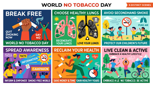 World No Tobacco Day graphics promoting healthy lungs, breaking free from smoking, and embracing a smoke-free future for children and families