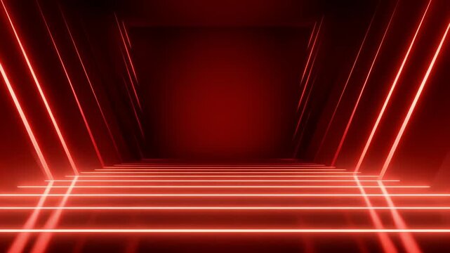 Abstract red neon corridor tunnel with glowing linear light beams and futuristic interior design motion background visual for digital stage performance show presentation or modern creative video loop.