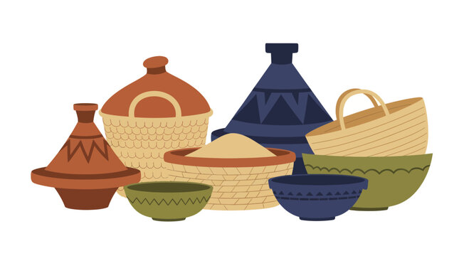 Collection of traditional Moroccan pottery and woven baskets, handmade crafts.