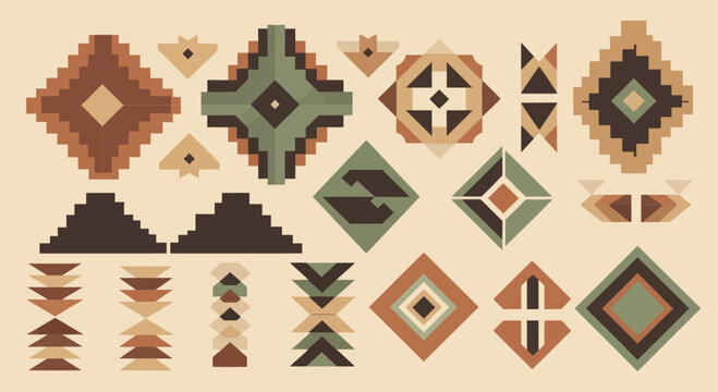 Collection of traditional tribal geometric patterns and shapes.
