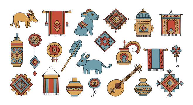 Collection of Traditional Uzbek Decorative Elements and Cultural Symbols.