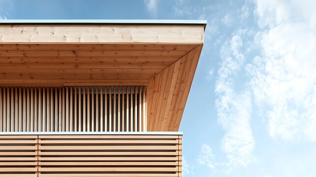 Modern architectural detail of a wooden building facade with horizontal slats and a cantilevered roof against a blue sky