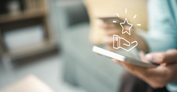 Customer using smartphone with reward icon represents redeem points, loyalty rewards, promo vouchers, cashback offers, and digital membership benefits in modern mobile shopping experiences.