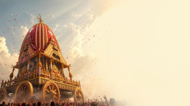 Ratha Yatra festival chariot procession with devotees and colourful decorations under a cloudy sky