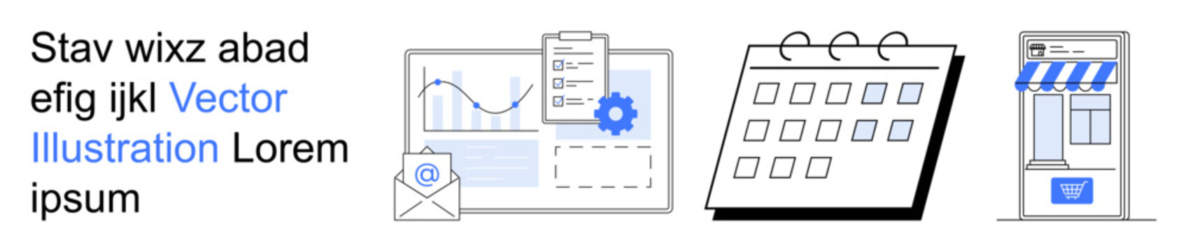 Business management, scheduling, data analysis, e-commerce, planning, workflow. Graph and gears with email, calendar interface storefront icon. Business management and scheduling concept