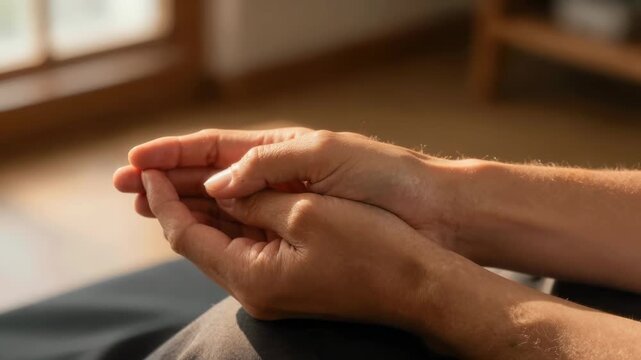 Hands of a Person in Meditation on a Calm Day with Soft Natural Light Filtering In