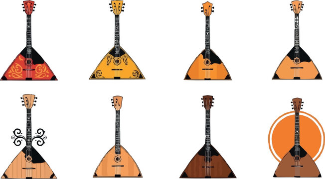 Traditional balalaika instrument collection with wooden string folk music and cultural performance illustrations
