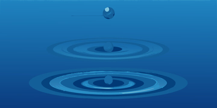 Water drop impact with ripples vector illustration on blue gradient