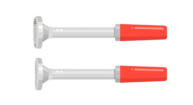 Two silver razors with red handles.