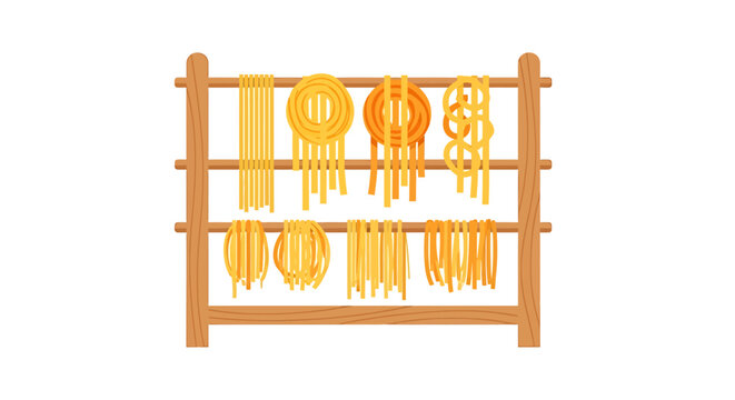 Variety of dried noodles on rack.