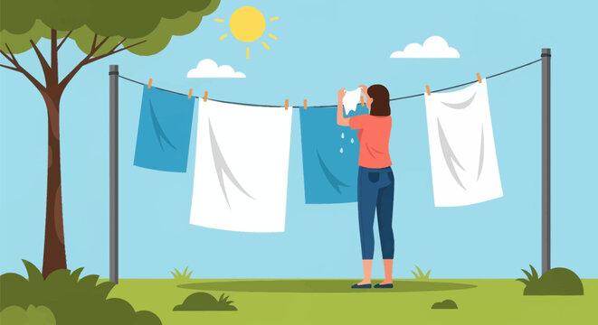 Vector illustration of a woman hanging wet laundry on a clothesline with wooden pegs in a sunny backyard garden, featuring green grass, a large tree, and a bright blue sky with clouds.