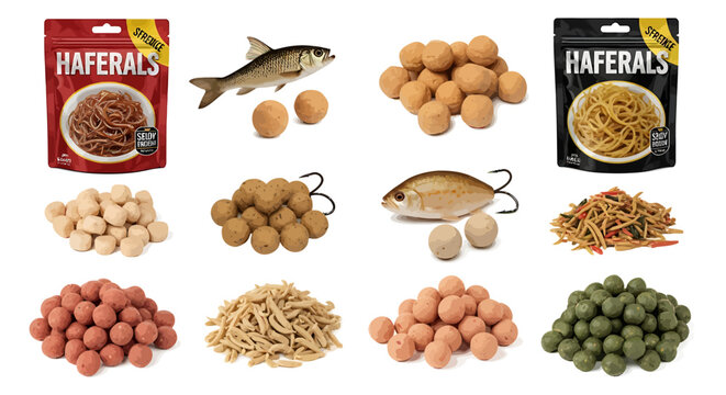Variety of Fishing Baits and Fish on White Background.