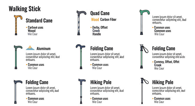 Various Types of Walking Sticks and Canes for Mobility Support.
