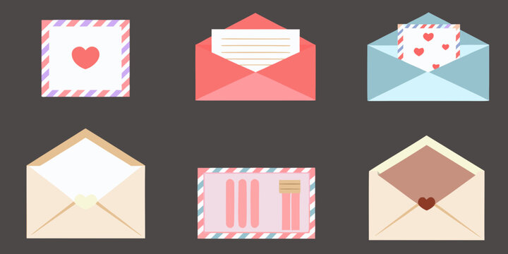 stylized open envelopes with hearts and stationery colorful vector