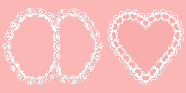 ornate white heart and circle shaped frames on pink background