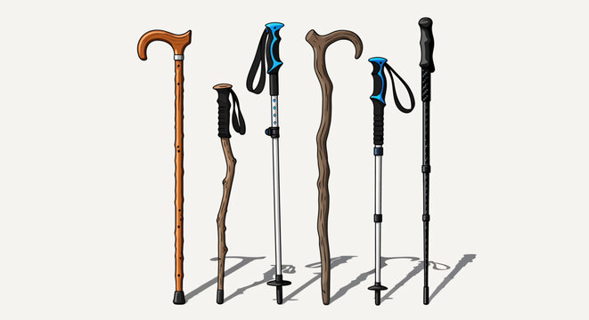 Walking sticks on a metal rack.