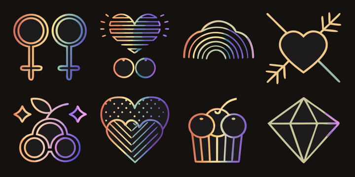 queer pride symbols collection vibrant gradient line icons on black