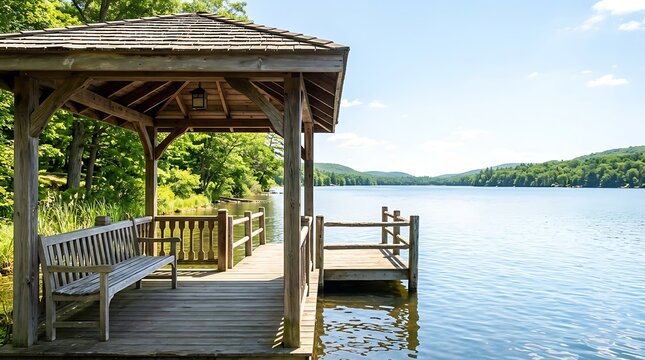 Serene wooden gazebo on a tranquil lake dock with a scenic natural landscape and clear blue sky on a sunny day