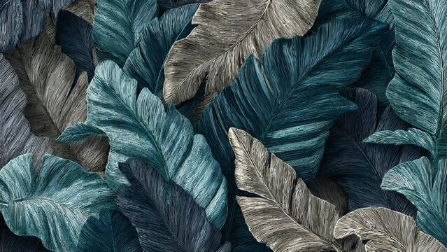 A pile of blue and red feathers on a white background lies scattered near a black plastic garbage bag and waste paper in this nature and environment texture