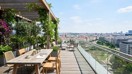 Fototapeta premium Modern Rooftop Terrace with Urban Cityscape View and Lush Greenery Perfect for Outdoor Meetings and Relaxation